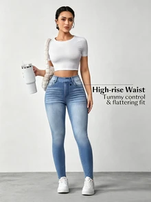 SHEIN Tall Celana Jeans Denim Wanita Kasual Serbaguna Model Slim Fit Pinggang Tinggi untuk Pemakaian Sehari-hari - Light Wash - View 5