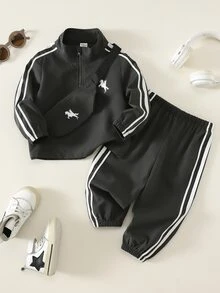 SHEIN 中性嬰兒男/女童、幼兒 3 件組秋冬休閒時尚運動風立領半拉鍊夾克套裝附包，嬰兒運動服，街頭風 - 黑色 - 查看 3
