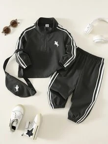 SHEIN 中性嬰兒男/女童、幼兒 3 件組秋冬休閒時尚運動風立領半拉鍊夾克套裝附包，嬰兒運動服，街頭風 - 黑色 - 查看 7