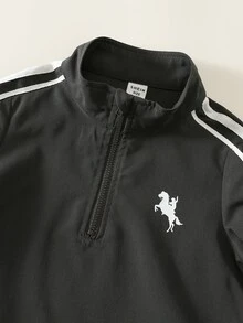 SHEIN 中性嬰兒男/女童、幼兒 3 件組秋冬休閒時尚運動風立領半拉鍊夾克套裝附包，嬰兒運動服，街頭風 - 黑色 - 查看 6