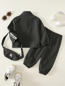 SHEIN 中性嬰兒男/女童、幼兒 3 件組秋冬休閒時尚運動風立領半拉鍊夾克套裝附包，嬰兒運動服，街頭風 - 黑色 - 查看 2