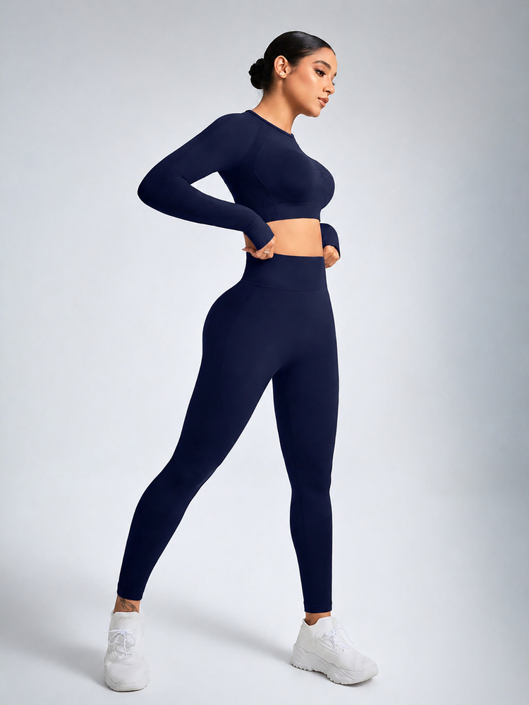 Solea Cove Solea Cove Women Solid Color Open Back Seamless Sports Set Gym Set Workout Women Set Women Leggings Setgym Set - Navy Blue - View 8