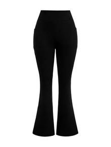 SHEIN Cheerettes Women's Flare Pants Black Fleece Lined High Waist Pockets Inclusive Fit Stretch Tummy Control Workout Gym Fitness Autumn Winter - Black - View 3