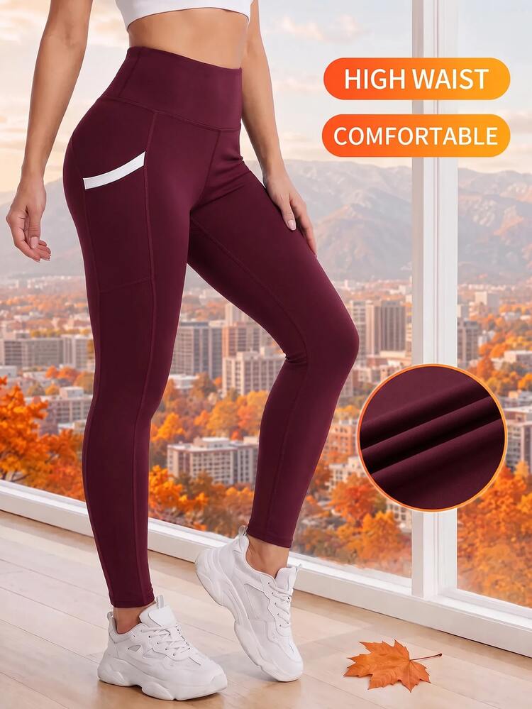 SHEIN Cheerettes Women's High Waist Seamless Sports Leggings - Burgundy - View 1