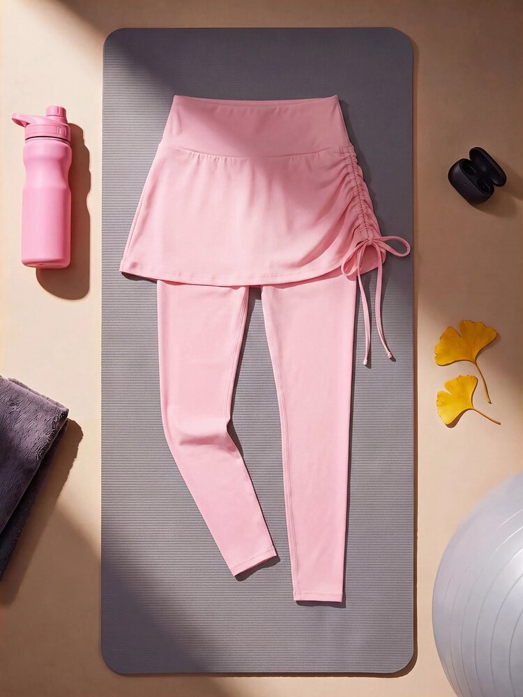 SHEIN Cheerettes Solid Color Side Drawstring Sports Leggings - Pink - View 2