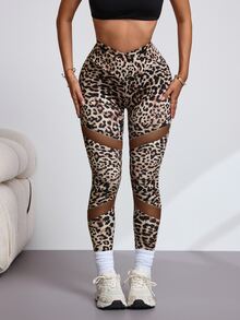 Slayform Cross Waist Leopard Print Mesh Patchwork Yoga Sports Leggings - Multicolor - View 3