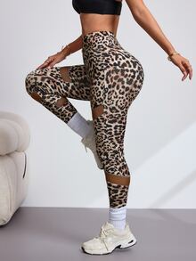 Slayform Cross Waist Leopard Print Mesh Patchwork Yoga Sports Leggings - Multicolor - View 4