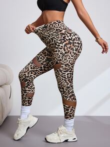 Slayform Cross Waist Leopard Print Mesh Patchwork Yoga Sports Leggings - Multicolor - View 5