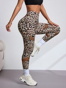Slayform Cross Waist Leopard Print Mesh Patchwork Yoga Sports Leggings - Multicolor - View 6