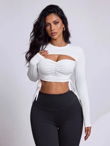 Slayform Women's Solid Color Cutout Design Cropped Drawstring Sports T-Shirt - White - View 5