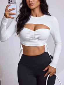 Slayform Women's Solid Color Cutout Design Cropped Drawstring Sports T-Shirt - White - View 3
