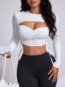 Slayform Women's Solid Color Cutout Design Cropped Drawstring Sports T-Shirt - White - View 4