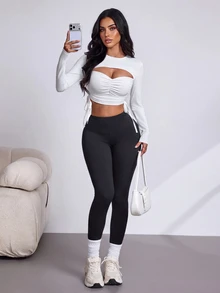 Slayform Women's Solid Color Cutout Design Cropped Drawstring Sports T-Shirt - White - View 6