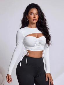 Slayform Women's Solid Color Cutout Design Cropped Drawstring Sports T-Shirt - White - View 1