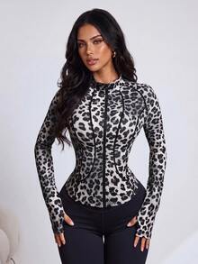 SHEIN HypeZone Women's Minimalist Leopard Print Cinched Waist Long Sleeve Sports Jacket - Multicolor - View 4