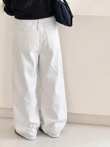 SHEIN 女童休閒百搭純色寬腿牛仔褲 - 白色 - 查看 2
