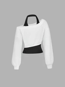 SHEIN MOD 女士灰色不对称肩部二合一运动衫秋冬女装 - 白色 - 查看 2