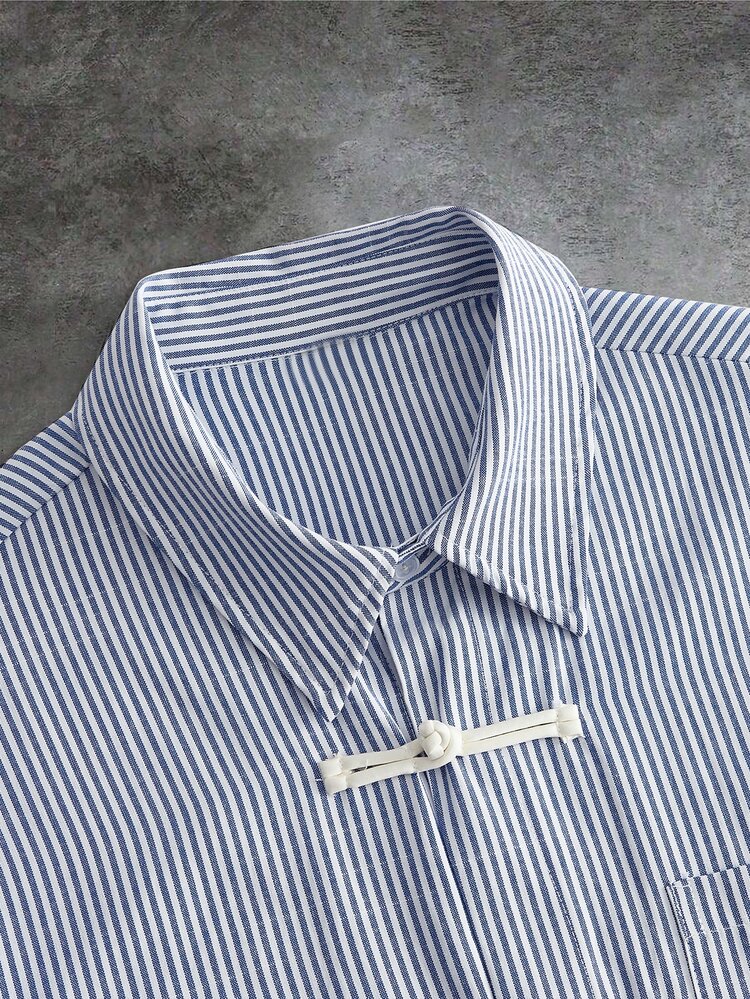 GETOML Men's Blue & White Striped Mandarin Collar Shirt, Frog Button Short Sleeve, Summer Streetwear Vacation - Blue and White - View 5