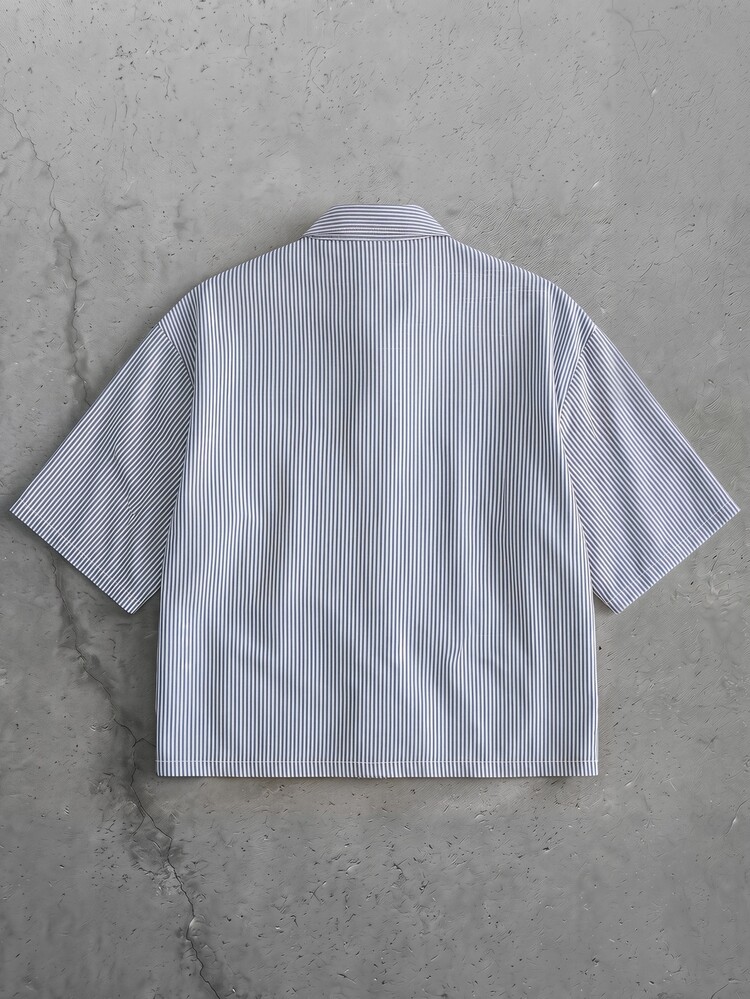 GETOML Men's Blue & White Striped Mandarin Collar Shirt, Frog Button Short Sleeve, Summer Streetwear Vacation - Blue and White - View 6