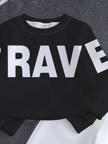 1套 春/秋季新款男童休閒帥氣長袖圓領衛衣與長褲套裝，黑色BRAVE字母印花上衣搭配白色長褲，時尚休閒百搭，適合日常出遊、校園穿著、假期旅行，多場景適配，拍照出片，打造清新春/秋造型，優質男童服飾 - 彩色 - 查看 5