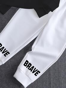 1套 春/秋季新款男童休閒帥氣長袖圓領衛衣與長褲套裝，黑色BRAVE字母印花上衣搭配白色長褲，時尚休閒百搭，適合日常出遊、校園穿著、假期旅行，多場景適配，拍照出片，打造清新春/秋造型，優質男童服飾 - 彩色 - 查看 8