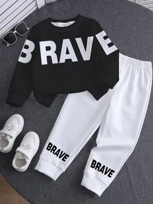 1套 春/秋季新款男童休閒帥氣長袖圓領衛衣與長褲套裝，黑色BRAVE字母印花上衣搭配白色長褲，時尚休閒百搭，適合日常出遊、校園穿著、假期旅行，多場景適配，拍照出片，打造清新春/秋造型，優質男童服飾 - 彩色 - 查看 3