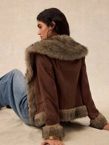 Easelle 女款秋冬時尚復古毛絨拼接夾克，適合登山與日常穿著，深棕色 - 棕色 - 查看 6