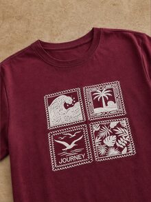 Mainfolk 男士休閒熱帶風刺繡圓領短袖T恤，適合日常穿著與度假，酒紅色，夏季款 - 酒紅色 - 查看 5