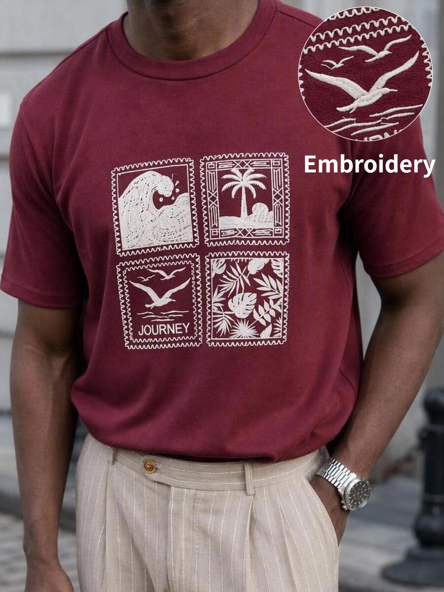 Mainfolk Men's Casual Tropical Short Sleeve Embroidered Crew Neck T-Shirt For Daily Wear Vacation Burgundy Summer - Burgundy - View 1