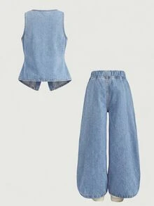 Firerie Kids Firerie Kids 女童牛仔背心和裤子休闲套装 - 淺色水洗藍 - 查看 6
