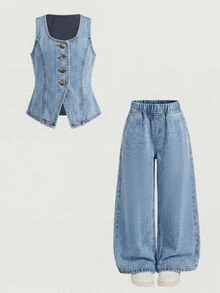 Firerie Kids Firerie Kids 女童牛仔背心和裤子休闲套装 - 淺色水洗藍 - 查看 2