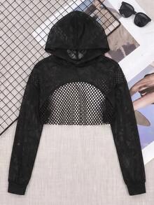 SHEIN Cheerettes بلوزة رياضية قصيرة بغطاء رأس بتصميم رقعات مجوفة - الأسود - مشاهدة 2