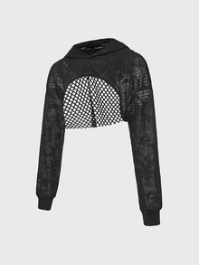 SHEIN Cheerettes بلوزة رياضية قصيرة بغطاء رأس بتصميم رقعات مجوفة - الأسود - مشاهدة 9