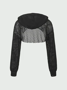 SHEIN Cheerettes بلوزة رياضية قصيرة بغطاء رأس بتصميم رقعات مجوفة - الأسود - مشاهدة 5