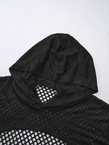 SHEIN Cheerettes بلوزة رياضية قصيرة بغطاء رأس بتصميم رقعات مجوفة - الأسود - مشاهدة 6