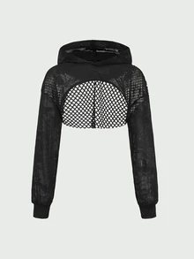 SHEIN Cheerettes بلوزة رياضية قصيرة بغطاء رأس بتصميم رقعات مجوفة - الأسود - مشاهدة 4