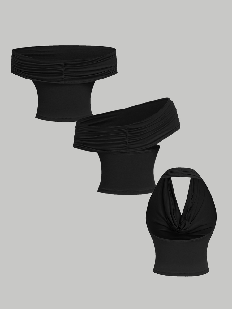SHEIN MOD 2pcs/Set 3-Way Wear Women's Solid Slim Fit Top,Seksi Sexy Chic Black And White Tops,Summer Beach Night Strapless One Shoulder Halter Draped Top,Club - Black and White - View 8