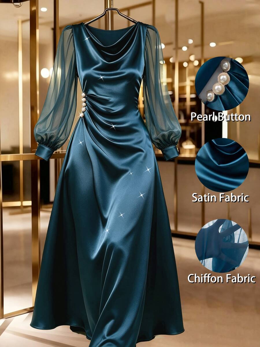 GlowEve CURVE Women's Solid Color Cowl Neck Pearl Button Decor Long Sleeve Elegant Dress Fall - Blue - View 1