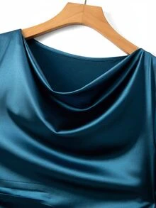 GlowEve CURVE Women's Solid Color Cowl Neck Pearl Button Decor Long Sleeve Elegant Dress Fall - Blue - View 6
