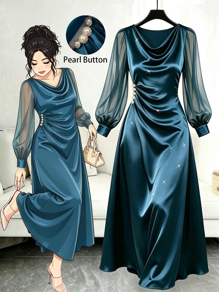 GlowEve CURVE Women's Solid Color Cowl Neck Pearl Button Decor Long Sleeve Elegant Dress Fall - Blue - View 1