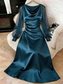 GlowEve CURVE Women's Solid Color Cowl Neck Pearl Button Decor Long Sleeve Elegant Dress Fall - Blue - View 4