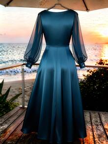 GlowEve CURVE Women's Solid Color Cowl Neck Pearl Button Decor Long Sleeve Elegant Dress Fall - Blue - View 2