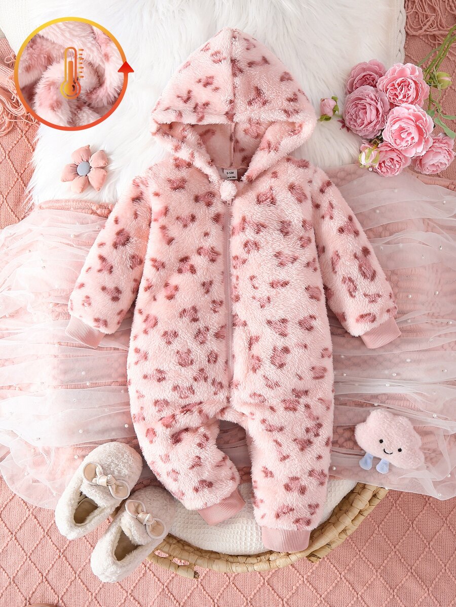 Cute Pink Leopard Print Plush Comfortable Skin-Friendly Baby Crawling Suit Winter Baby Girl Outfit