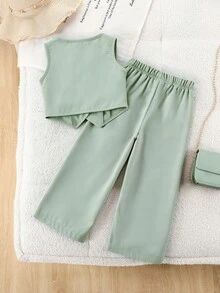 SHEIN 2件組綠色西裝背心配前扣蝴蝶結裝飾寬腿褲套裝，適合休閒、活動、正式場合，母女搭配，7歲生日夏季款 - 綠色 - 查看 3