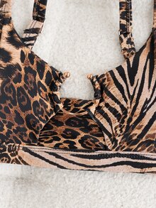 SHEIN Swim 女款度假時尚性感豹紋金屬扣比基尼上衣 - 彩色 - 查看 5
