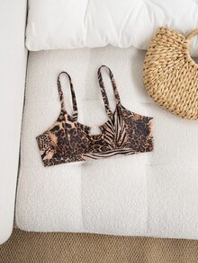 SHEIN Swim 女款度假時尚性感豹紋金屬扣比基尼上衣 - 彩色 - 查看 4