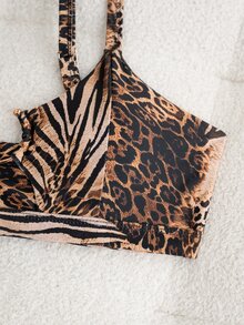 SHEIN Swim 女款度假時尚性感豹紋金屬扣比基尼上衣 - 彩色 - 查看 3