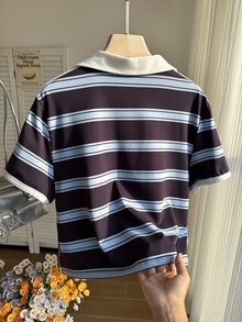 Comfortcana 大码休闲复古美式学院风条纹针织Polo衫 - 彩色 - 查看 2