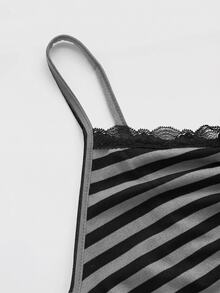 ROMWE Women's Pleated Contrast Lace Black & Gray Striped Camisole - Dark Grey - View 4