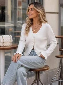 Brillora Cardigan Putih Berkerut dengan Kancing dan Leher V untuk Acara Brunch, Belanja Akhir Pekan, Hiasan Berkerut, Perjalanan Sehari-hari, Sweater Musim Gugur dan Musim Dingin, Gaya Pedesaan, Halloween - Putih - View 9